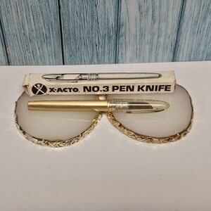Vintage X-ACTO Pen Knife Gold Tone Metal Barrel NO. 3 Safety Cap Pocket Clip Box